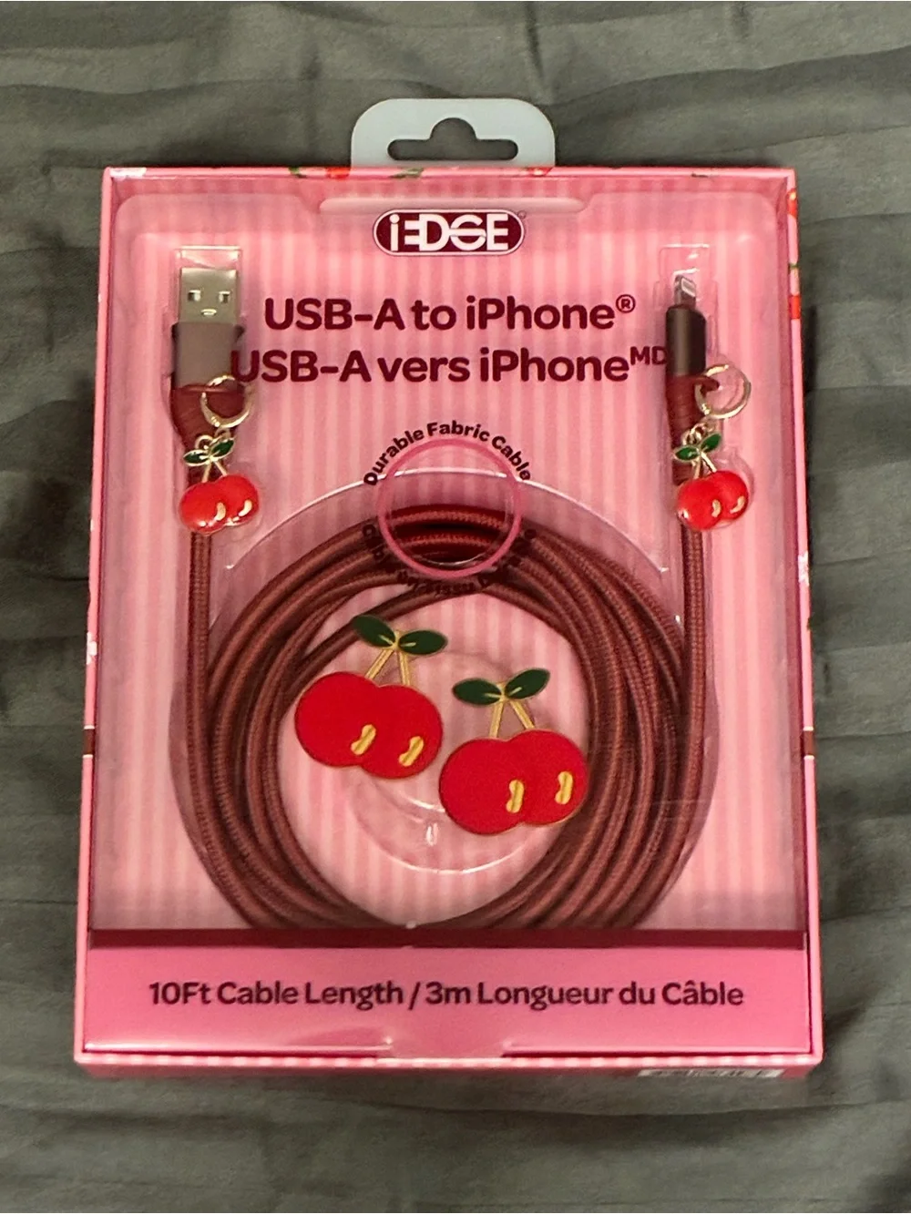 edge Red Fabric USB-A to iPhone Cable with Cherry Charms